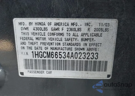 2004 Honda Accord 3.0 Ex z USA, uszkodzony, nr VIN 1HGCM66534A023233